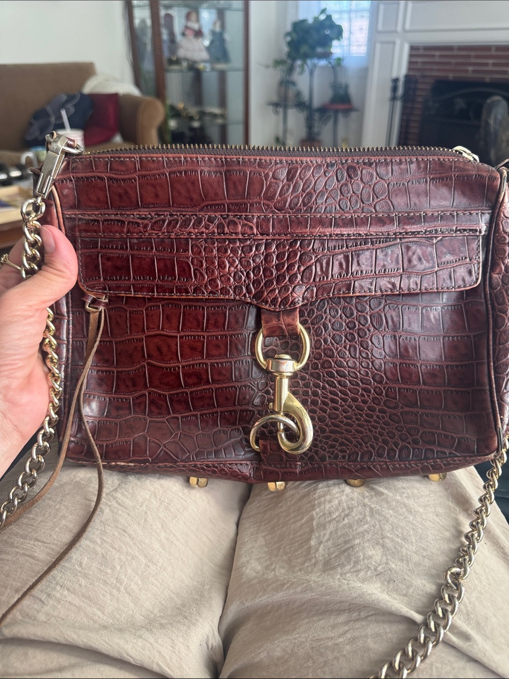 Rebecca Minkoff Brown Croc-Embossed Leather Crossbody with Brass-finish Hardware